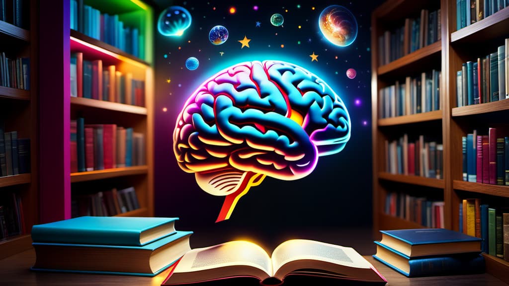  A brain illuminated with vibrant colors, books orbiting around it  , ((realistic)), ((masterpiece)), focus on detailed clothing and atmosphere of the surroundings. Soft and natural lights.
