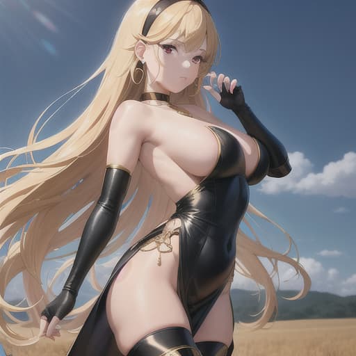  masterpiece, best quality, highres, aayorf, sidelocks, gold hairband, hair ornament, red eyes, gold earring, large, choker, bare shoulders, black dress, two-sided dress, fingerless gloves, thigh boots, <lora:yor_forger_v1:0.8>, cowboy shot, standing, field, from side,