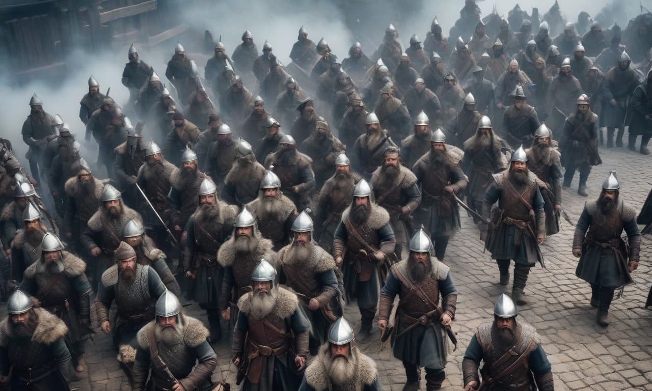  Construct a medieval dwarf militia marches. View from above. Realism. hyperrealistic, full body, detailed clothing, highly detailed, cinematic lighting, stunningly beautiful, intricate, sharp focus, f/1. 8, 85mm, (centered image composition), (professionally color graded), ((bright soft diffused light)), volumetric fog, trending on instagram, trending on tumblr, HDR 4K, 8K