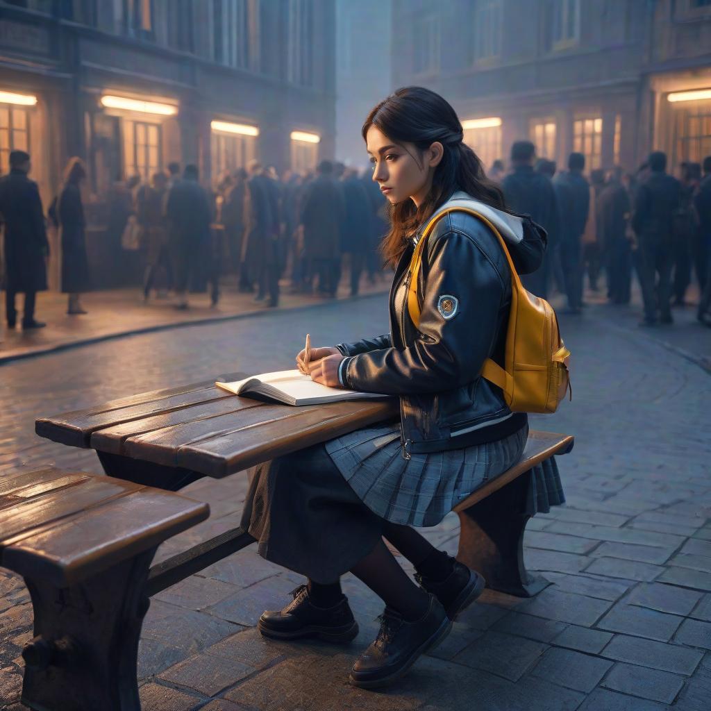  A school bench, on the bench lie two notebooks. hyperrealistic, full body, detailed clothing, highly detailed, cinematic lighting, stunningly beautiful, intricate, sharp focus, f/1. 8, 85mm, (centered image composition), (professionally color graded), ((bright soft diffused light)), volumetric fog, trending on instagram, trending on tumblr, HDR 4K, 8K