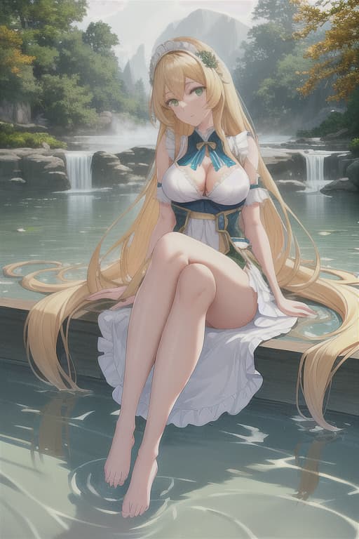  (score 9,score 8 up,score 7 up,),1girl,solo,maid,maid headdress,looking at viewer,outdoor,lake,apron,blonde hair,indoors,green eyes,bare foot,two feet in the water lotus flower sex stunny hyperrealistic, full body, detailed clothing, highly detailed, cinematic lighting, stunningly beautiful, intricate, sharp focus, f/1. 8, 85mm, (centered image composition), (professionally color graded), ((bright soft diffused light)), volumetric fog, trending on instagram, trending on tumblr, HDR 4K, 8K