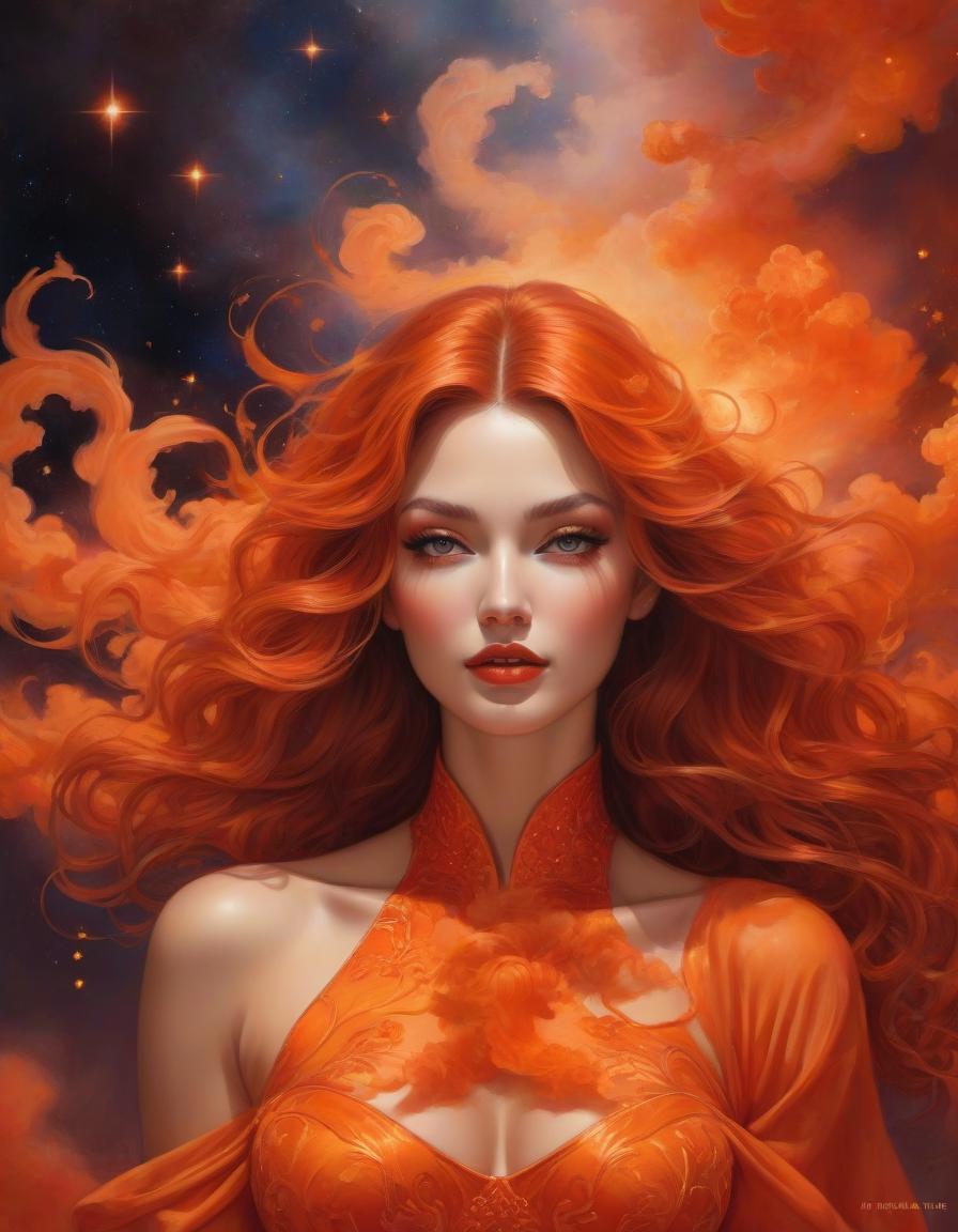  Luxury product style Gorgeous Goddess of fire, (floating on a fiery orange cloud); perfect hair, perfect full lips, Detailed perfect body, her body is all without blemish, stunning In A Milky Way Garden, background of flames, floating on clouds, Highly Stylized Features; (Full Body), Unsplash, Highly Detailed, Digital Painting, Intricately Detailed Eyes, Colourful, Ink Painting, Beautiful Watercolor Painting, Realistic, Detailed, Fine Art, Oil Painting, Finely Drawn Hands; By Artgerm, By Alphonse Mucha, By Ilya Kuvshinov, Painting By Olga Shvartsur, Svetlana Novikova . Elegant, sophisticated, high end, luxurious, professional, highly detailed hyperrealistic, full body, detailed clothing, highly detailed, cinematic lighting, stunningly beautiful, intricate, sharp focus, f/1. 8, 85mm, (centered image composition), (professionally color graded), ((bright soft diffused light)), volumetric fog, trending on instagram, trending on tumblr, HDR 4K, 8K