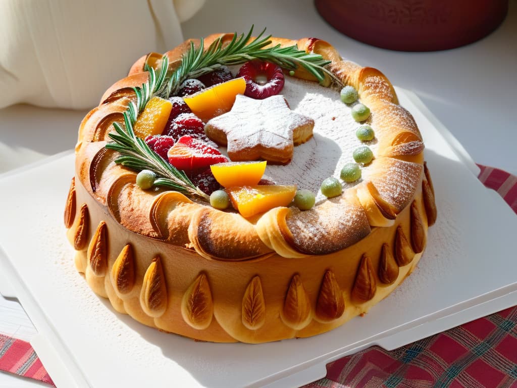  An intricately decorated glutenfree Roscón de Reyes, adorned with vibrant candied fruits, powdered sugar, and aromatic rosemary sprigs. The goldenbrown crust of the sweet bread glistens under a soft light, showcasing the attention to detail in its braided design. Each colorful fruit segment adds a pop of color to the delectable pastry, inviting the viewer to savor the traditional Spanish treat. hyperrealistic, full body, detailed clothing, highly detailed, cinematic lighting, stunningly beautiful, intricate, sharp focus, f/1. 8, 85mm, (centered image composition), (professionally color graded), ((bright soft diffused light)), volumetric fog, trending on instagram, trending on tumblr, HDR 4K, 8K