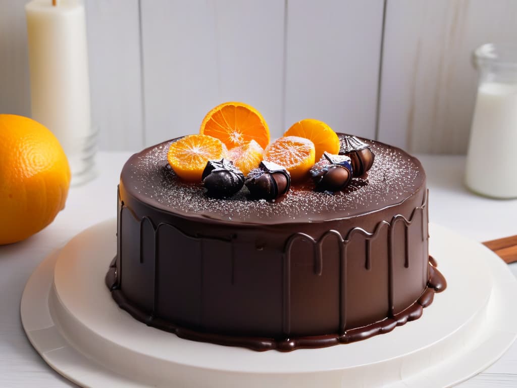  An ultradetailed closeup image of vibrant orange citrus zest being delicately sprinkled over a rich, dark chocolate ganache cake. The fine, golden specks of zest glisten in the soft light, highlighting the intricate textures and contrasting colors of the dessert. The smooth, glossy surface of the cake reflects the surrounding kitchen, capturing the essence of creativity and precision in pastry making. hyperrealistic, full body, detailed clothing, highly detailed, cinematic lighting, stunningly beautiful, intricate, sharp focus, f/1. 8, 85mm, (centered image composition), (professionally color graded), ((bright soft diffused light)), volumetric fog, trending on instagram, trending on tumblr, HDR 4K, 8K