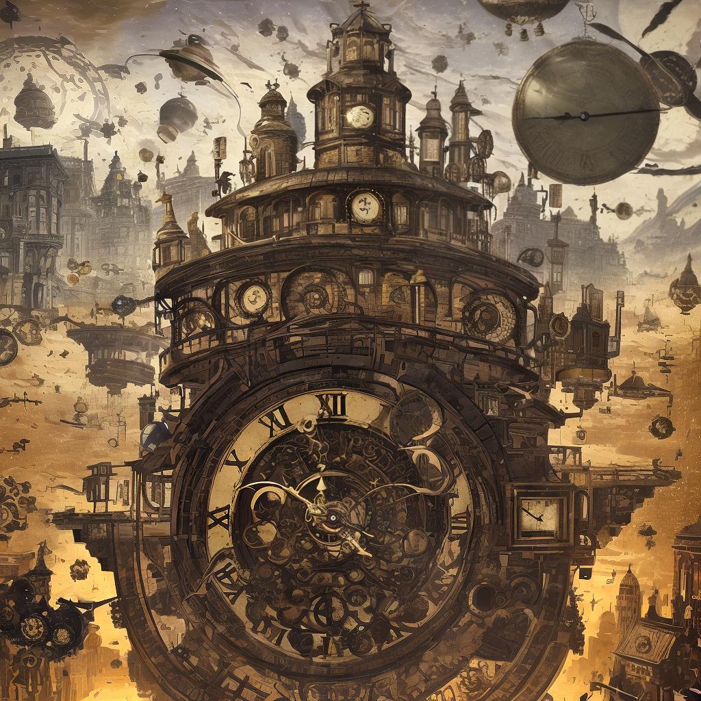  masterpiece, best quality, steampunk clock with a wandering gaze face. there 13 illegible numbers on the clock with 3 crookened hands. thyme clock is surrounded by silhouettes of buildings on the horizon. 4 planets are in the cloudless sky with 2 suns. space ships are seen in the distance droping bombs on small concentrations of smaller buildings. cartoo style