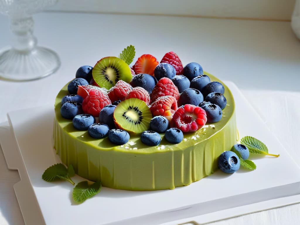  A minimalist image of a luxurious fruit tart, showcasing a perfect balance of colorful fresh fruits like raspberries, blueberries, and kiwi arranged artfully on a smooth, glossy pastry cream, all set on a simple, elegant white porcelain plate. The fruits are glistening under soft natural light, highlighting the intricate details and vibrant colors of each piece of fruit, creating an overall visually striking and appetizing composition. hyperrealistic, full body, detailed clothing, highly detailed, cinematic lighting, stunningly beautiful, intricate, sharp focus, f/1. 8, 85mm, (centered image composition), (professionally color graded), ((bright soft diffused light)), volumetric fog, trending on instagram, trending on tumblr, HDR 4K, 8K