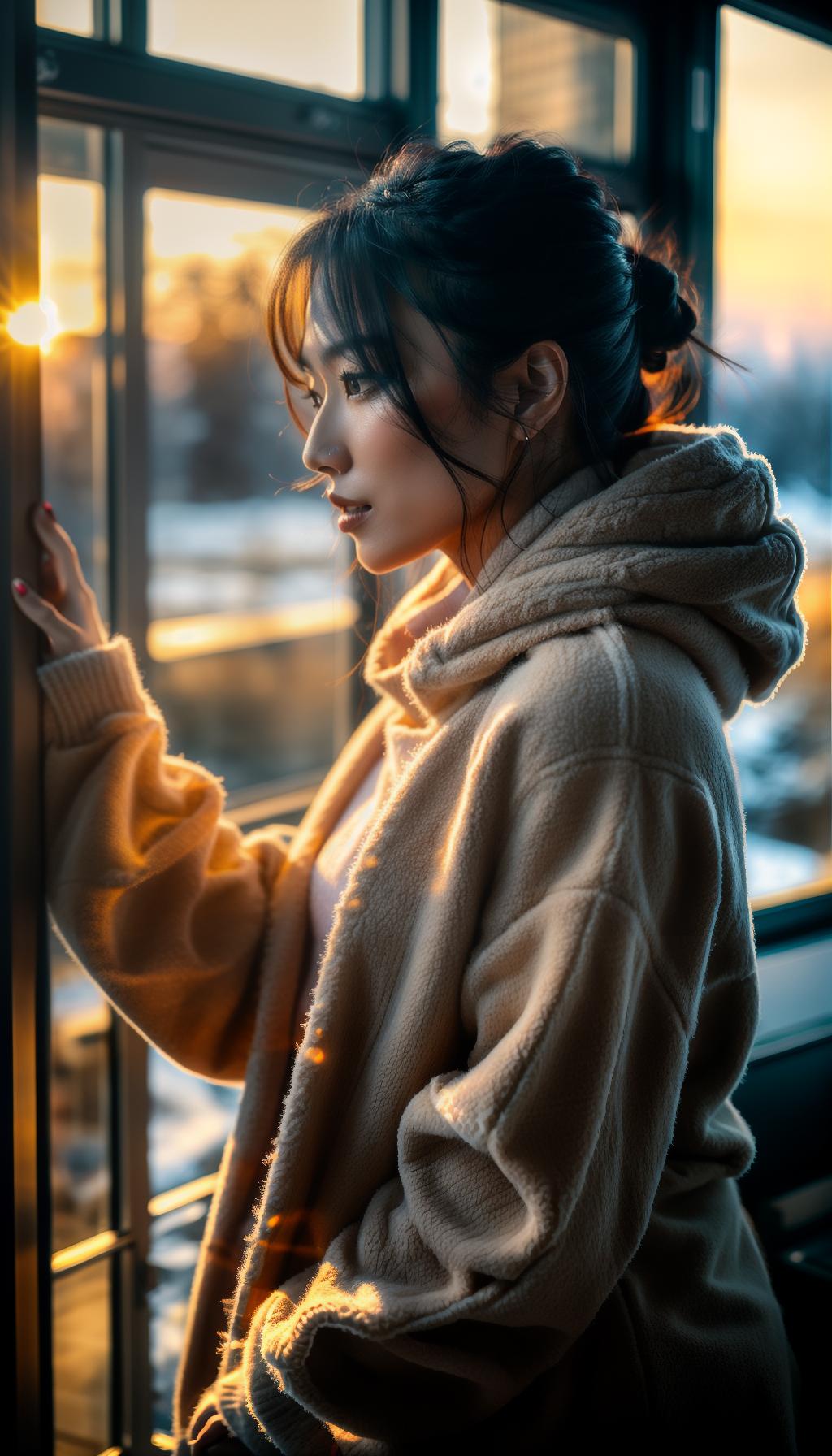  A realistic photo of a beautiful slim young Japanese woman, wrapped in a warm beige blanket, standing by the window, watching the sunrise over a snowy landscape through the window. hyperrealistic, full body, detailed clothing, highly detailed, cinematic lighting, stunningly beautiful, intricate, sharp focus, f/1. 8, 85mm, (centered image composition), (professionally color graded), ((bright soft diffused light)), volumetric fog, trending on instagram, trending on tumblr, HDR 4K, 8K