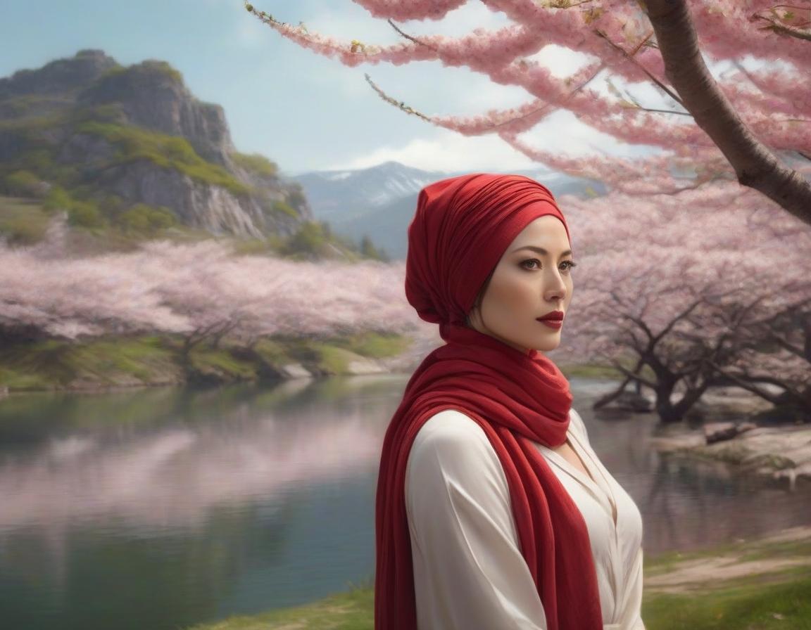  concept art A digital art portrait of a woman with a red headscarf, cherry blossoms in her hair, and serene landscape in the background. . digital artwork, illustrative, painterly, matte painting, highly detailed hyperrealistic, full body, detailed clothing, highly detailed, cinematic lighting, stunningly beautiful, intricate, sharp focus, f/1. 8, 85mm, (centered image composition), (professionally color graded), ((bright soft diffused light)), volumetric fog, trending on instagram, trending on tumblr, HDR 4K, 8K