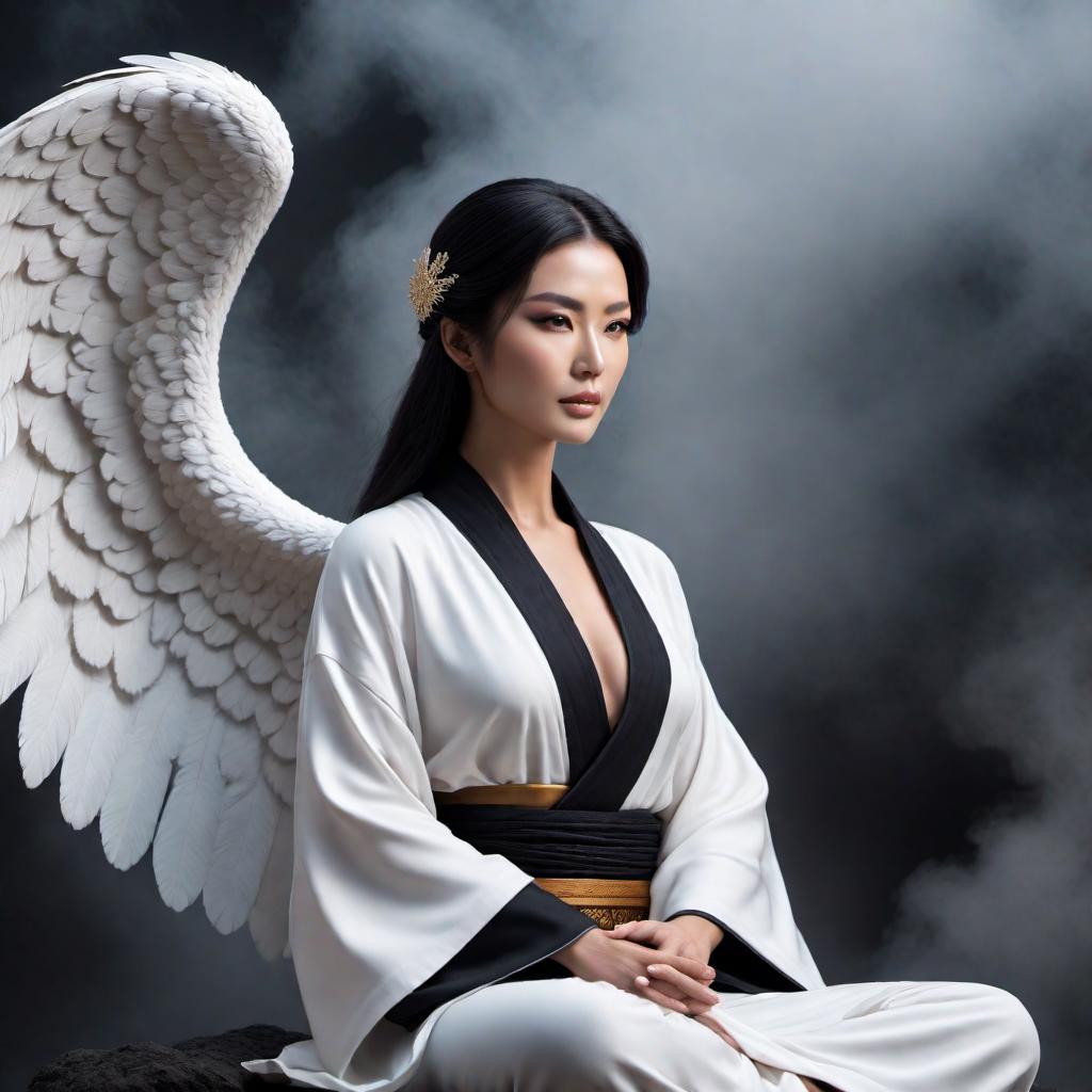  A beautiful angel with black wings, wearing accurate Zen Buddhist robes, sitting in a precise Zazen meditation posture. hyperrealistic, full body, detailed clothing, highly detailed, cinematic lighting, stunningly beautiful, intricate, sharp focus, f/1. 8, 85mm, (centered image composition), (professionally color graded), ((bright soft diffused light)), volumetric fog, trending on instagram, trending on tumblr, HDR 4K, 8K