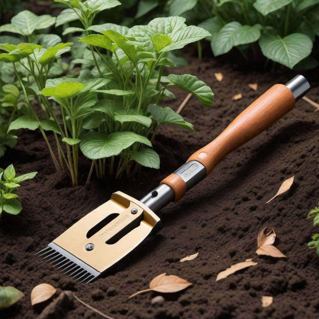  A 2-in-1 multi-tool for gardening that combines both a hoe and a rake. The tool should have a sleek, modern design with a sturdy handle, possibly made from durable wood or composite materials. One end of the tool should feature a traditional hoe blade, ideal for digging and cultivating soil. The other end should have a rake with evenly spaced tines, perfect for gathering leaves and debris. The design should be ergonomic and practical, making gardening tasks easier and more efficient. The entire tool should look well-balanced and ready for use in a garden setting. hyperrealistic, full body, detailed clothing, highly detailed, cinematic lighting, stunningly beautiful, intricate, sharp focus, f/1. 8, 85mm, (centered image composition), (professionally color graded), ((bright soft diffused light)), volumetric fog, trending on instagram, trending on tumblr, HDR 4K, 8K