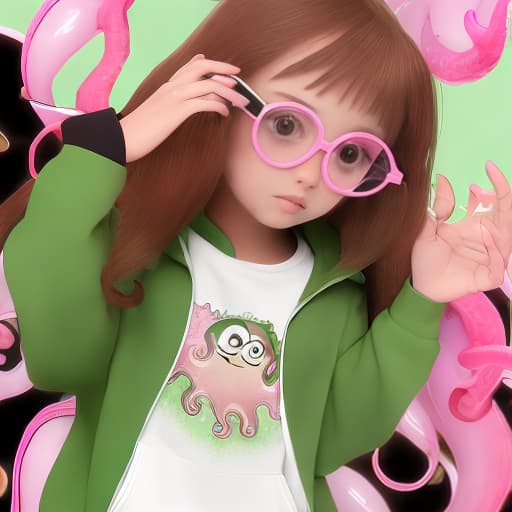  a brown-haired octopus caught tail with transparent pink glasses with green and coffee eyes and with a black “hoodie”