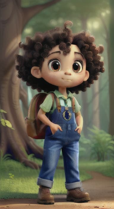  {The tree with a twinkling eye, while its leaves gently rustle., Riley, a curious with big brown eyes and curly hair, wearing overalls and carrying a small backpack. Their friend, Skye, a bluebird with shiny feathers.