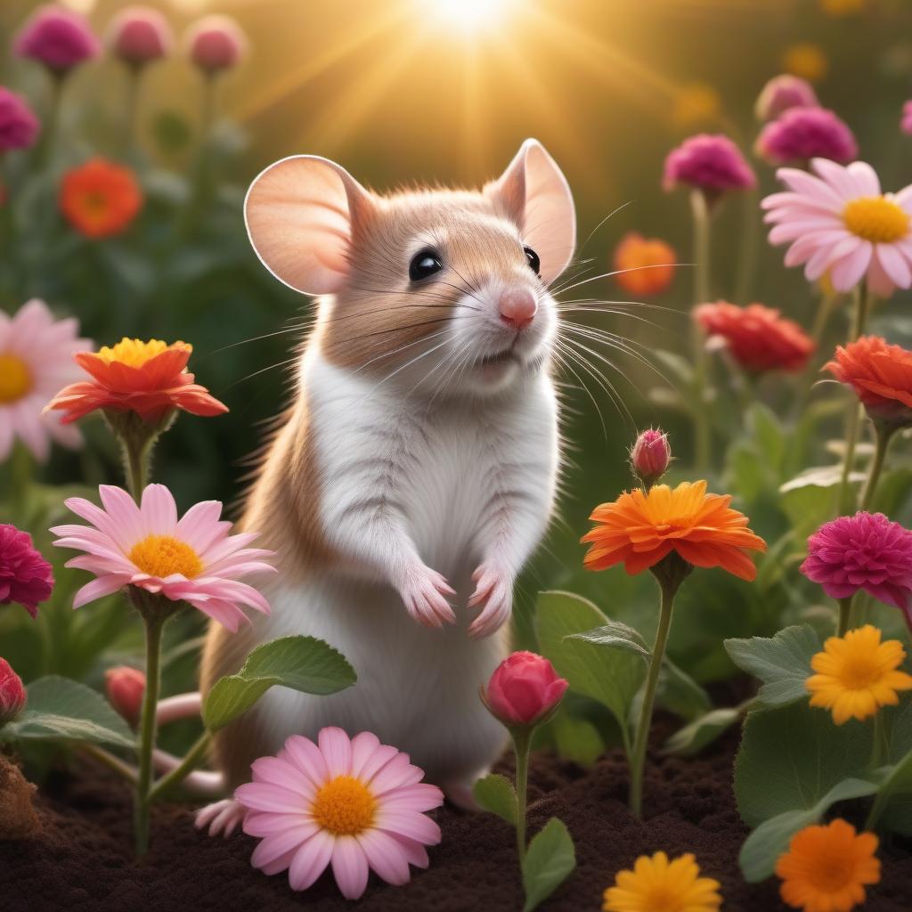  The mouse against the backdrop of the rising sun is pouring a flower bed with flowers, a beautiful picture in the style of fantasy