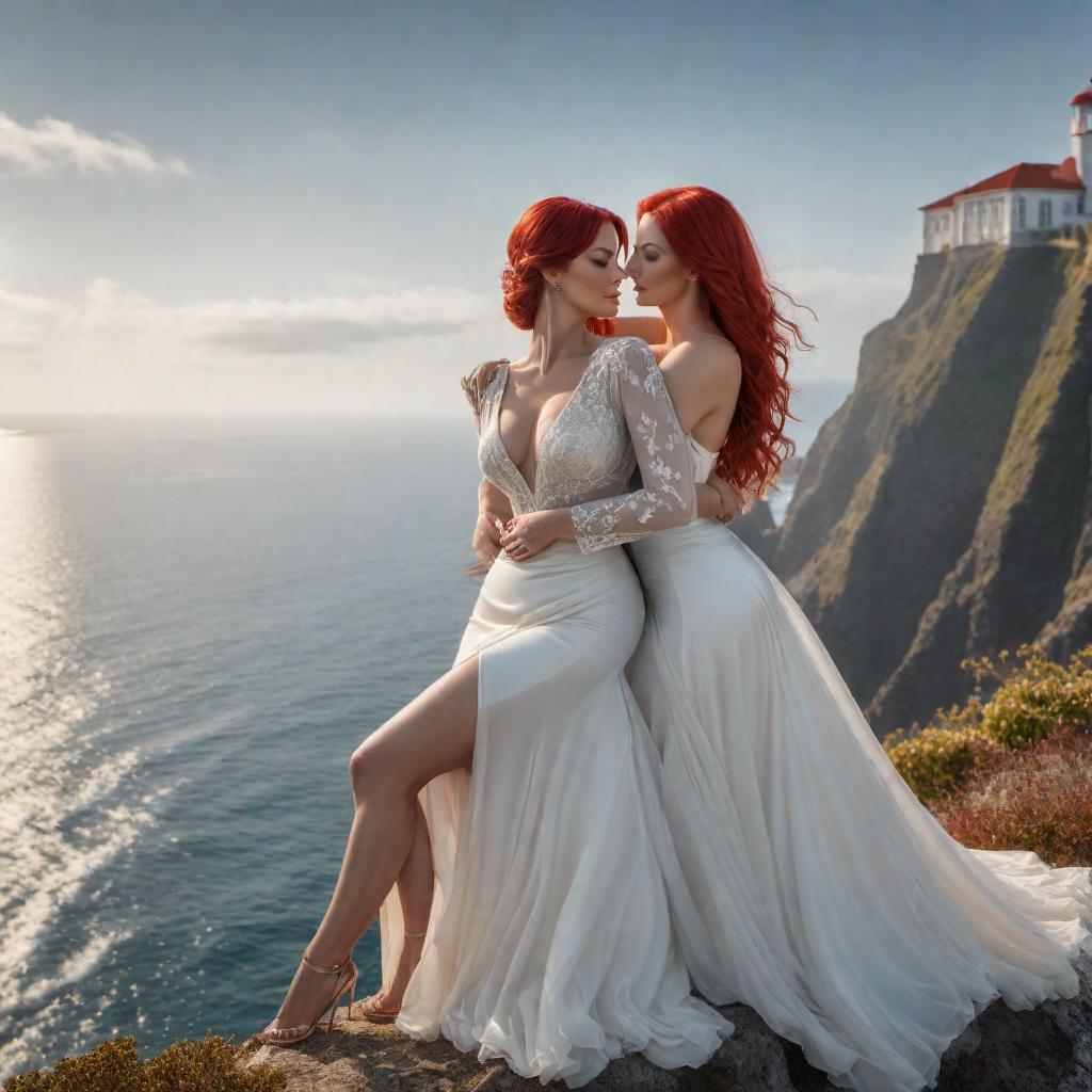  Two women in their early thirties, one with blonde hair and the other with red hair, hugging each other's waist with the ocean in the background. hyperrealistic, full body, detailed clothing, highly detailed, cinematic lighting, stunningly beautiful, intricate, sharp focus, f/1. 8, 85mm, (centered image composition), (professionally color graded), ((bright soft diffused light)), volumetric fog, trending on instagram, trending on tumblr, HDR 4K, 8K