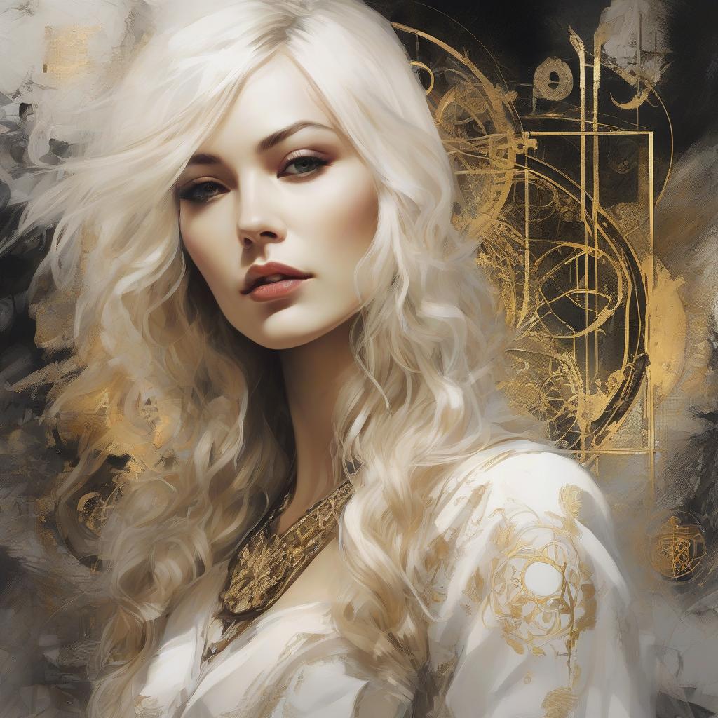  cherevre: 1.9, looks at us, surreal futoristic blonde woman with white long hair looks at us beautiful futoristic decoration looks at us, well drawn hands, face and the whole composition, master of darkness woman, alchemical symbols, sprinkling of golden elements, author Russ Mills. hyperrealistic, full body, detailed clothing, highly detailed, cinematic lighting, stunningly beautiful, intricate, sharp focus, f/1. 8, 85mm, (centered image composition), (professionally color graded), ((bright soft diffused light)), volumetric fog, trending on instagram, trending on tumblr, HDR 4K, 8K