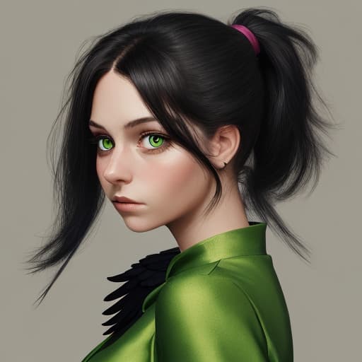  portrait of a girl with raven hair styled in a ponytail. Amber eyes and upturned nose. she is wearing a green dress.