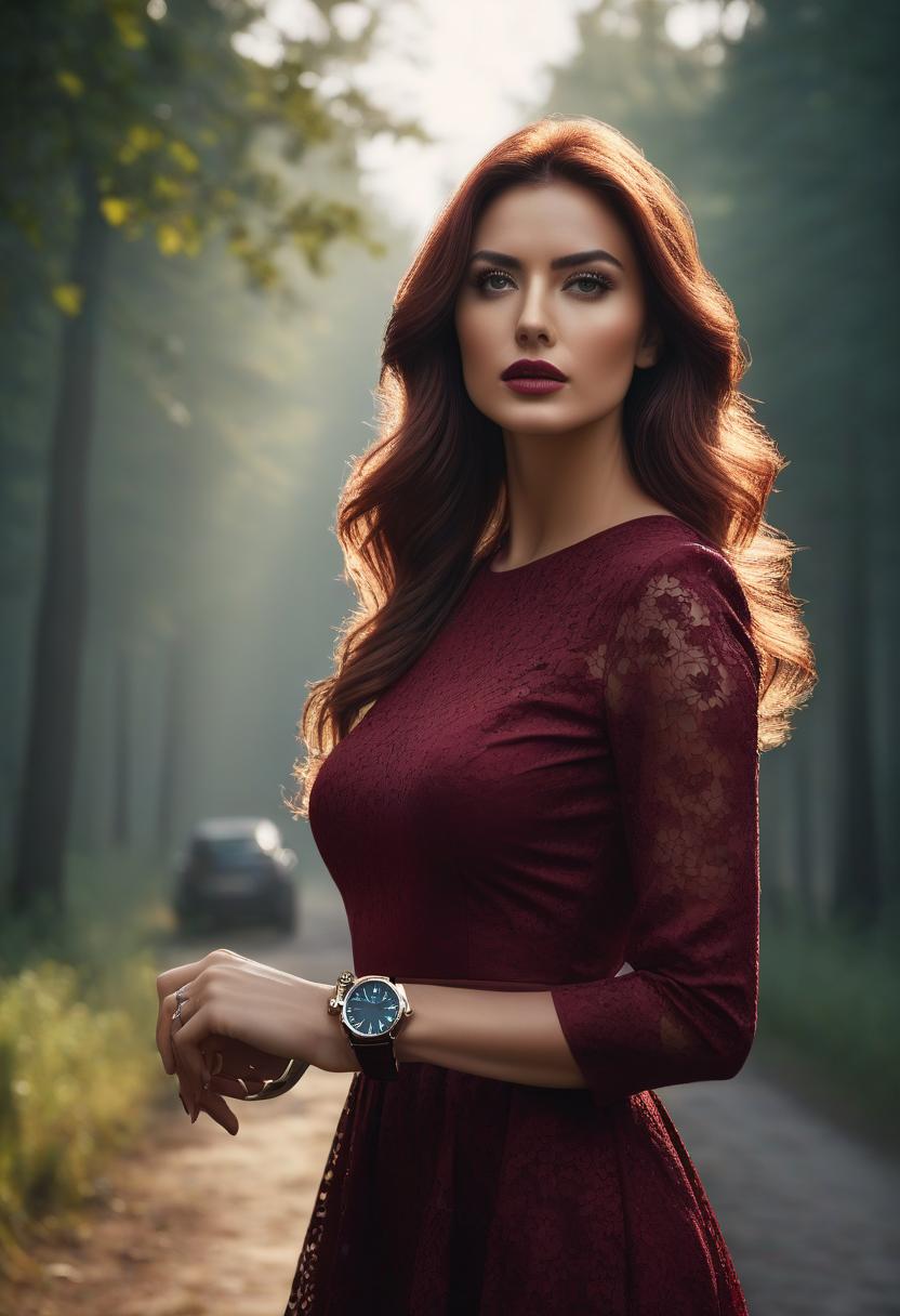  cinematic photo A girl in a burgundy dress is advertising wristwatches. . 35mm photograph, film, bokeh, professional, 4k, highly detailed hyperrealistic, full body, detailed clothing, highly detailed, cinematic lighting, stunningly beautiful, intricate, sharp focus, f/1. 8, 85mm, (centered image composition), (professionally color graded), ((bright soft diffused light)), volumetric fog, trending on instagram, trending on tumblr, HDR 4K, 8K