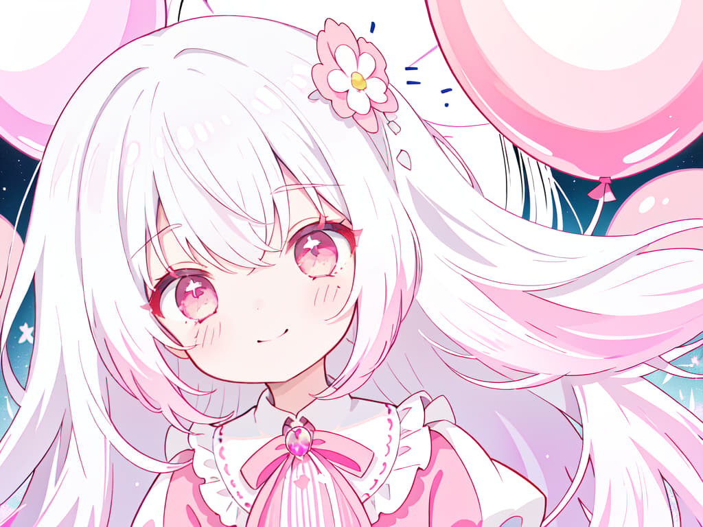  1 Girl, solo, white hair, dark pink, gradation, twosideup, long hair, smile, birthday, cute, cute, pink, balloons, celebration, red eyes, sauce eyes, masterpiece, best quality,8k,ultra detailed,high resolution,an extremely delicate and beautiful,hyper detail