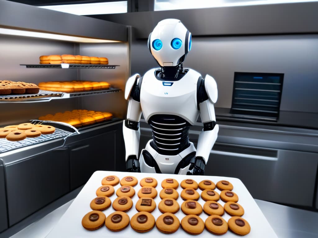  An ultradetailed image of a sleek, futuristic robot standing in a modern kitchen, surrounded by trays of perfectly baked cookies. The robot's metallic surface gleams under the soft kitchen lights, and its precise, robotic arms delicately place goldenbrown cookies onto a cooling rack. The minimalistic design of the kitchen enhances the hightech appearance of the robot, creating a visually striking contrast between advanced technology and the warmth of freshly baked treats. hyperrealistic, full body, detailed clothing, highly detailed, cinematic lighting, stunningly beautiful, intricate, sharp focus, f/1. 8, 85mm, (centered image composition), (professionally color graded), ((bright soft diffused light)), volumetric fog, trending on instagram, trending on tumblr, HDR 4K, 8K