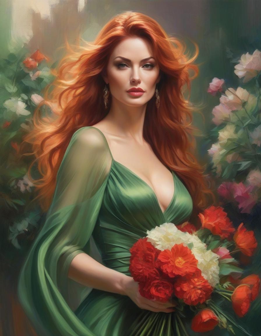  impressionist painting Painting of a woman in a green dress with a bouquet in her hands., stanley artgerm lau, steven artgerm lau, magali villeneuve', graphic artist magali villeneuve, artgerm lau, inspired by Magali Villeneuve, charlie bowater rich deep colors, Stanley Artgerm, red haired goddess, Стиль Stanley Artgermа . loose brushwork, vibrant color, light and shadow play, captures feeling over form hyperrealistic, full body, detailed clothing, highly detailed, cinematic lighting, stunningly beautiful, intricate, sharp focus, f/1. 8, 85mm, (centered image composition), (professionally color graded), ((bright soft diffused light)), volumetric fog, trending on instagram, trending on tumblr, HDR 4K, 8K