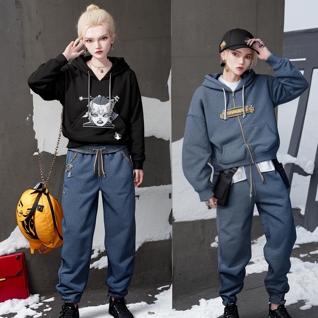  masterpiece, best quality,wearing named collective FORBIDDEN ZIP HOODIE SNOW and vivienne westwood orb lighter necklace with a black denim baggy pants ,