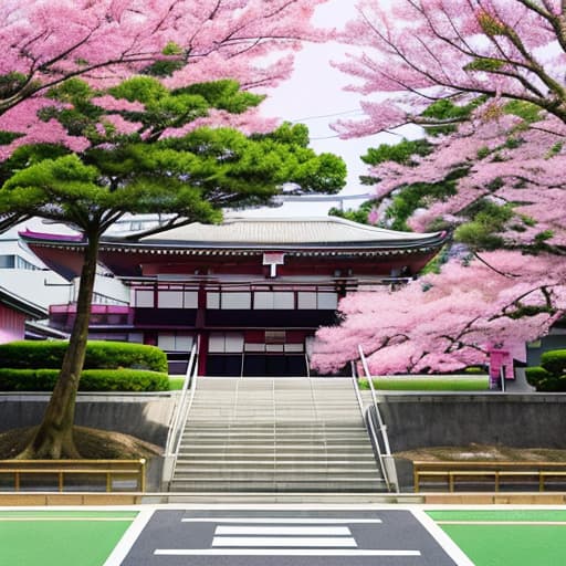  Generate a pink Japanese style poster image of a high school campus without students,