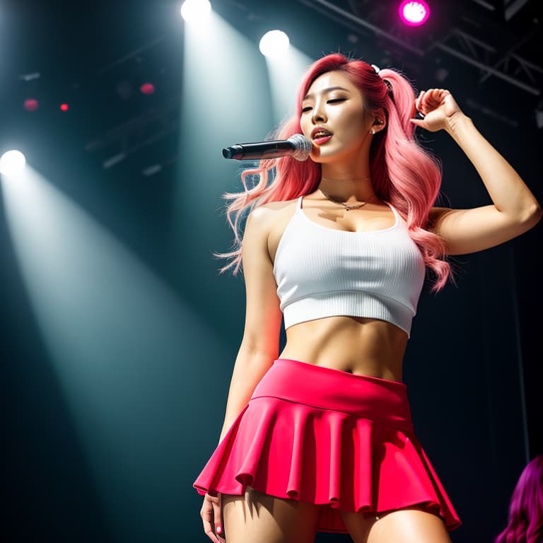  female Korean idol, upper body, detailed face, makeup, performing on stage, wearing hot red short skirt and white tight croptop with accessories, long wavy pink hair, blue eyes, hot pink high heels, long nails with pink polish, realistic hyperrealistic, full body, detailed clothing, highly detailed, cinematic lighting, stunningly beautiful, intricate, sharp focus, f/1. 8, 85mm, (centered image composition), (professionally color graded), ((bright soft diffused light)), volumetric fog, trending on instagram, trending on tumblr, HDR 4K, 8K