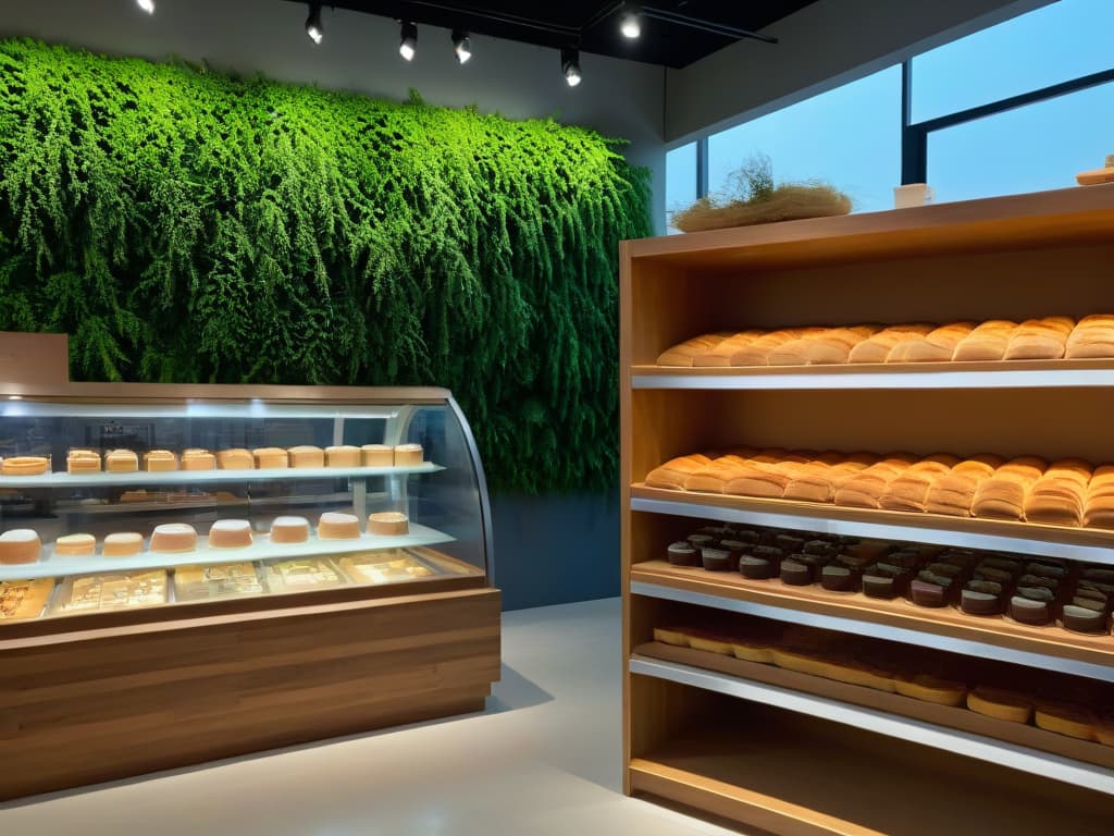  An ultradetailed image of a modern, sleek bakery display showcasing a variety of sustainable merchandise such as reusable coffee cups, ecofriendly baking utensils, and organic ingredient packages, all elegantly arranged on wooden shelves with soft, natural lighting filtering through a nearby window. The merchandise is labeled with ecoconscious branding and set against a backdrop of lush green plants, conveying a sense of harmony between sustainability and indulgence. The overall aesthetic is clean, sophisticated, and visually appealing, inspiring viewers to embrace ecofriendly practices in their own baking endeavors. hyperrealistic, full body, detailed clothing, highly detailed, cinematic lighting, stunningly beautiful, intricate, sharp focus, f/1. 8, 85mm, (centered image composition), (professionally color graded), ((bright soft diffused light)), volumetric fog, trending on instagram, trending on tumblr, HDR 4K, 8K