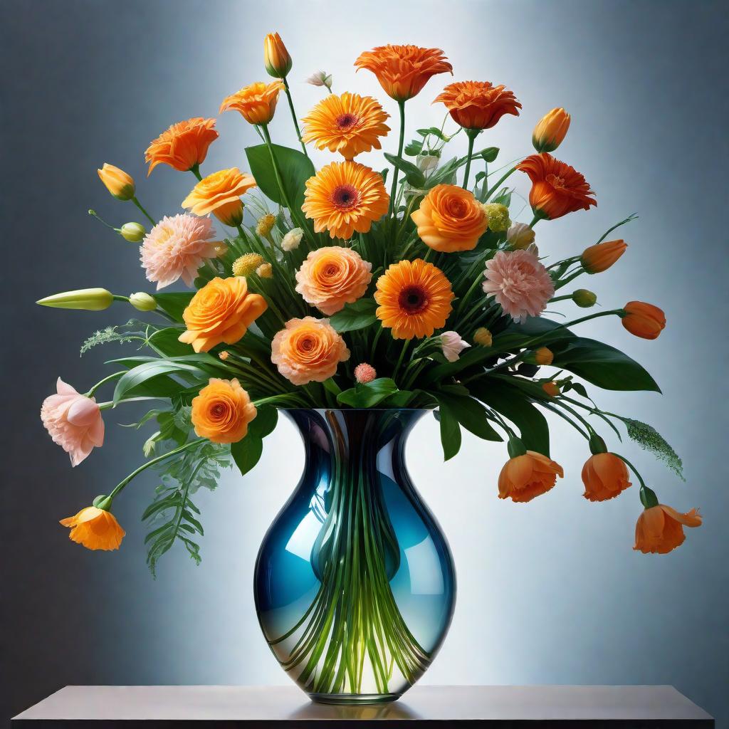  A futuristic painting of a flower arrangement in a vase, combining elements of nature with modern technology. The flowers should be vibrant and unique, set in a sleek and innovative vase design. The background should reflect a futuristic setting, with subtle hints of advanced architecture or technology. hyperrealistic, full body, detailed clothing, highly detailed, cinematic lighting, stunningly beautiful, intricate, sharp focus, f/1. 8, 85mm, (centered image composition), (professionally color graded), ((bright soft diffused light)), volumetric fog, trending on instagram, trending on tumblr, HDR 4K, 8K