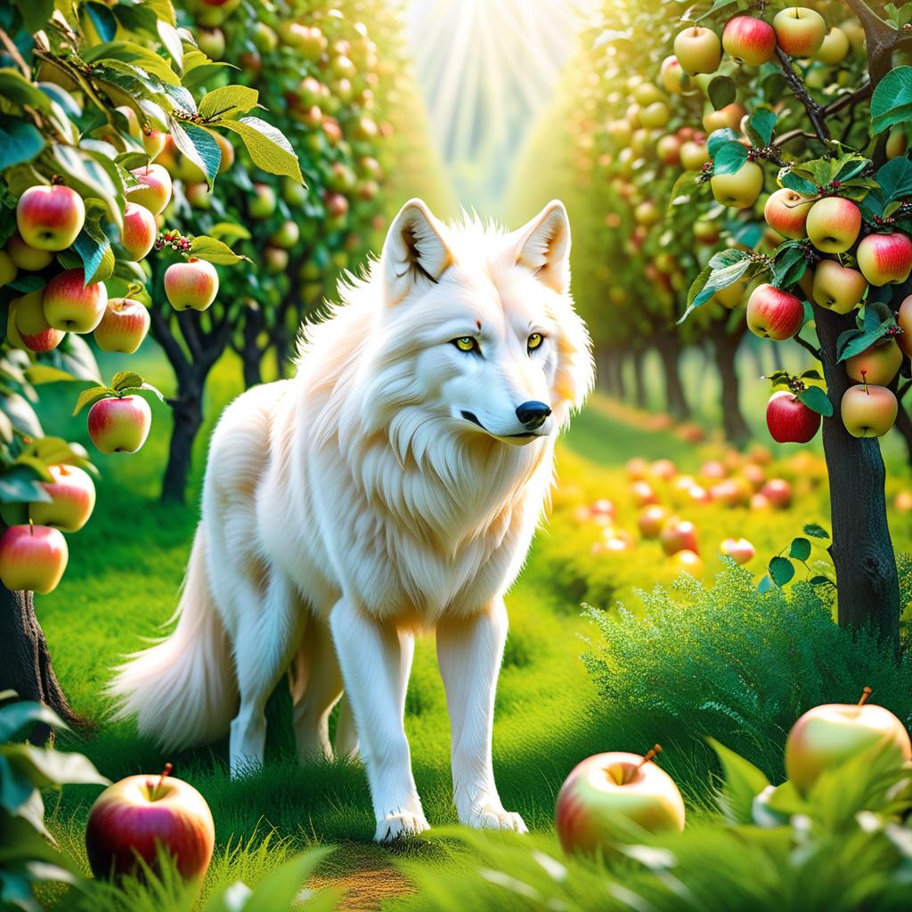  ethereal fantasy concept art of (Background): apple orchard. An apple orchard with golden fruit and crystal leaves. In the orchard sits a white werewolf wolf cub with green eyes, black nose. Style:fantasy . magnificent, celestial, ethereal, painterly, epic, majestic, magical, fantasy art, cover art, dreamy hyperrealistic, full body, detailed clothing, highly detailed, cinematic lighting, stunningly beautiful, intricate, sharp focus, f/1. 8, 85mm, (centered image composition), (professionally color graded), ((bright soft diffused light)), volumetric fog, trending on instagram, trending on tumblr, HDR 4K, 8K