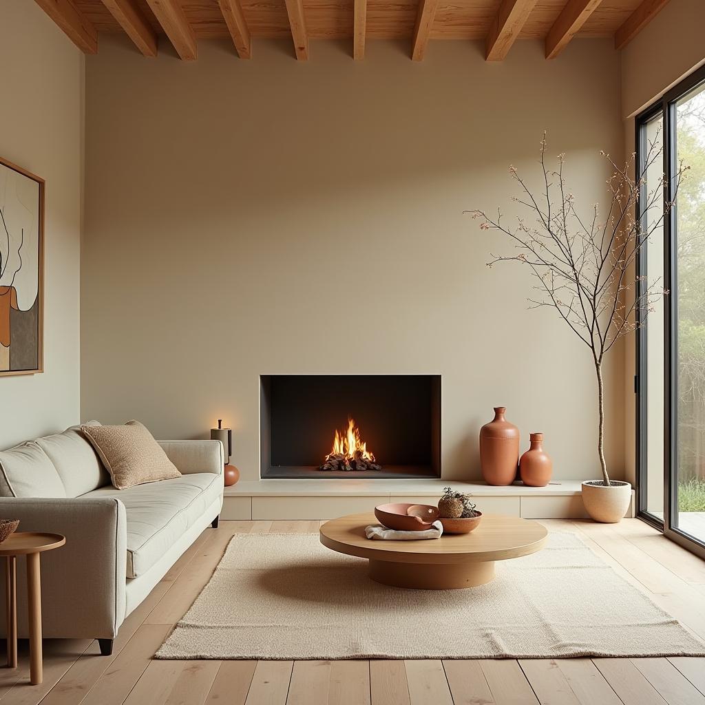  this editorial photography captures a cozy living room featuring a fireplace, presented in the serene, minimalistic japanese style. the design emphasizes simplicity, harmony with nature, clean lines, and tranquility. shot from a dutch angle, it offers a creative perspective on this tranquil setting. inspired by ad españa, this image showcases a restrained color palette typical of minimalism, with midday lighting enhancing the calm, orderly aesthetic. the scene includes terra cotta ceramics and abstract expressions as decorative elements, all captured on cinestill 800t film for a distinctive grain texture.