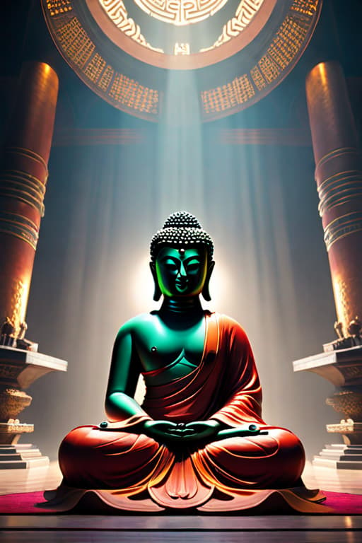  Buddha hyperrealistic, full body, detailed clothing, highly detailed, cinematic lighting, stunningly beautiful, intricate, sharp focus, f/1. 8, 85mm, (centered image composition), (professionally color graded), ((bright soft diffused light)), volumetric fog, trending on instagram, trending on tumblr, HDR 4K, 8K