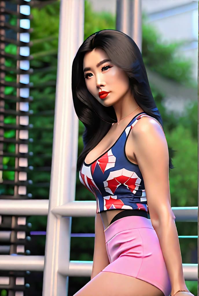  masterpiece, best quality, (fidelity:1.4), best quality, super high resolution, very detailed faces, 8k resolution, asian , quiet, pink skin, thin lips, sleeveless arm shirt, black hair, shorts, standing side