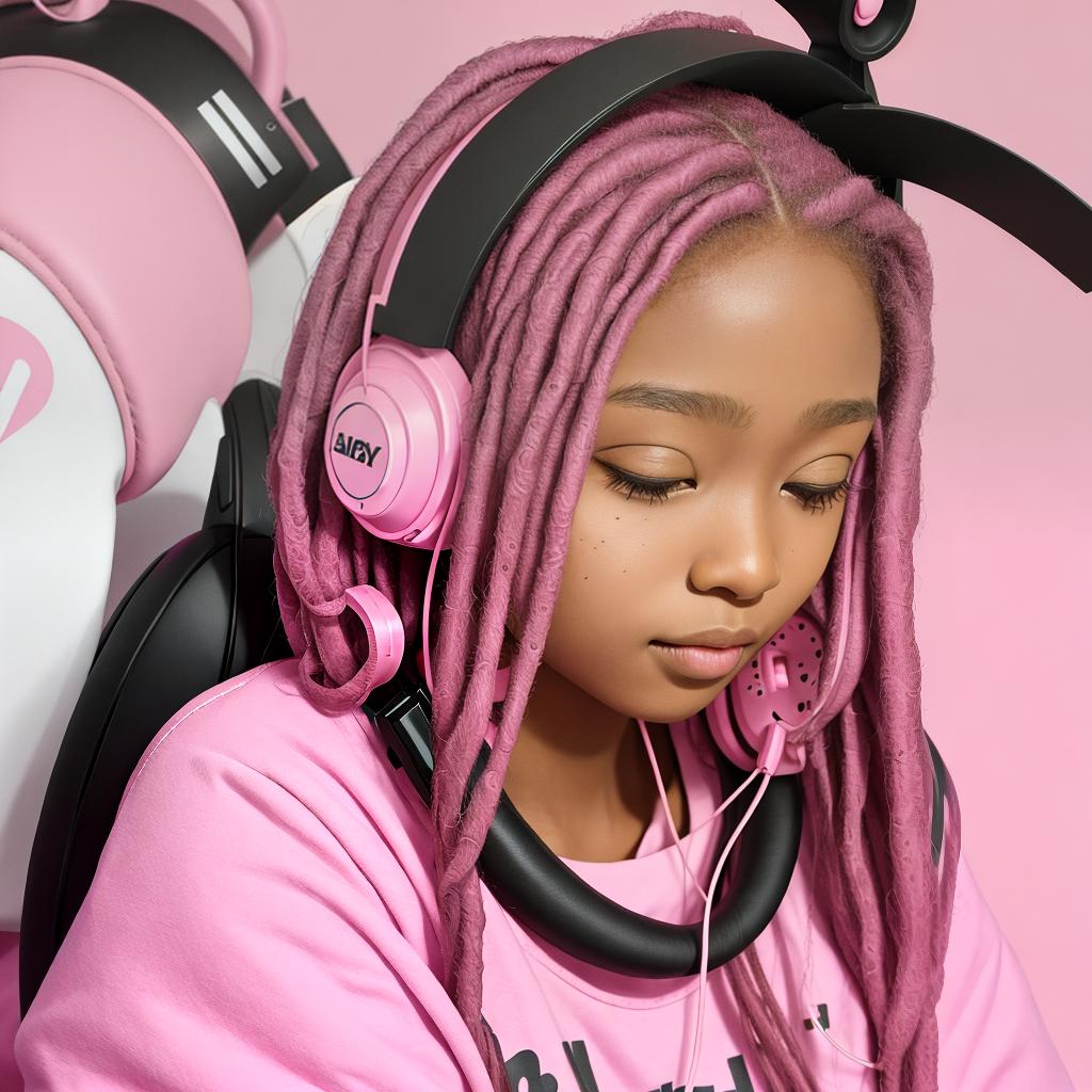  masterpiece, best quality, beautiful black girl with pink headphone and pink background and soft locs