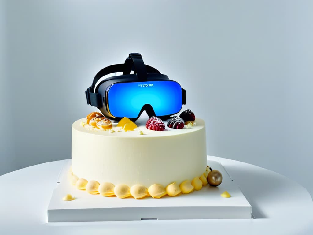  A sleek, minimalistic image of a virtual reality headset placed on a pristine white table, with a soft, indirect light casting a subtle glow around it. The VR headset is surrounded by a scattering of vibrant, meticulously crafted virtual desserts floating in the digital space, showcasing the fusion of technology and pastry artistry. The overall aesthetic is clean, futuristic, and visually striking, symbolizing the innovative approach to pastry courses through virtual reality. hyperrealistic, full body, detailed clothing, highly detailed, cinematic lighting, stunningly beautiful, intricate, sharp focus, f/1. 8, 85mm, (centered image composition), (professionally color graded), ((bright soft diffused light)), volumetric fog, trending on instagram, trending on tumblr, HDR 4K, 8K