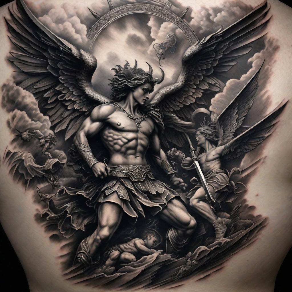  masterpiece, best quality, A detailed close-up of a black and white sleeve tattoo depicting an epic battle between an angel and a demon. The tattoo is incredibly realistic, with intricate shading and fine details that bring the figures to life. The environment surrounding the figures is a dark and ominous backdrop, with swirling clouds and wisps of smoke. The mood is intense, capturing the eternal conflict between good and evil. The style of the artwork is hyper-realistic, resembling a photograph. The lighting is dramatic, with a spotlight illuminating the tattoo and casting deep shadows, enhancing the contrast between light and darkness. The realization of this image could be captured with a high-resolution camera, using macro photography 