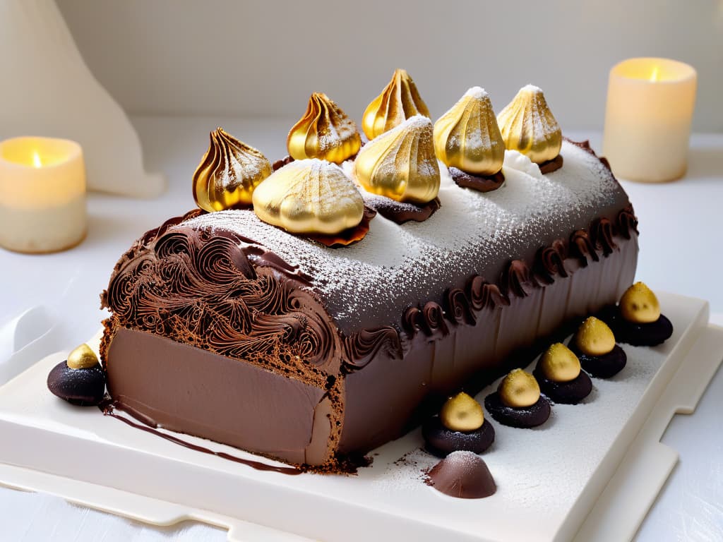  A closeup, ultradetailed photograph of a decadent French Yule log cake, known as "Bûche de Noël," showcasing intricate chocolate bark texture, delicate meringue mushrooms, and shimmering gold leaf accents. The cake is elegantly presented on a simple, white porcelain platter, with a dusting of powdered sugar resembling a light snowfall, all set against a soft, blurred background to emphasize its minimalist yet luxurious design. hyperrealistic, full body, detailed clothing, highly detailed, cinematic lighting, stunningly beautiful, intricate, sharp focus, f/1. 8, 85mm, (centered image composition), (professionally color graded), ((bright soft diffused light)), volumetric fog, trending on instagram, trending on tumblr, HDR 4K, 8K