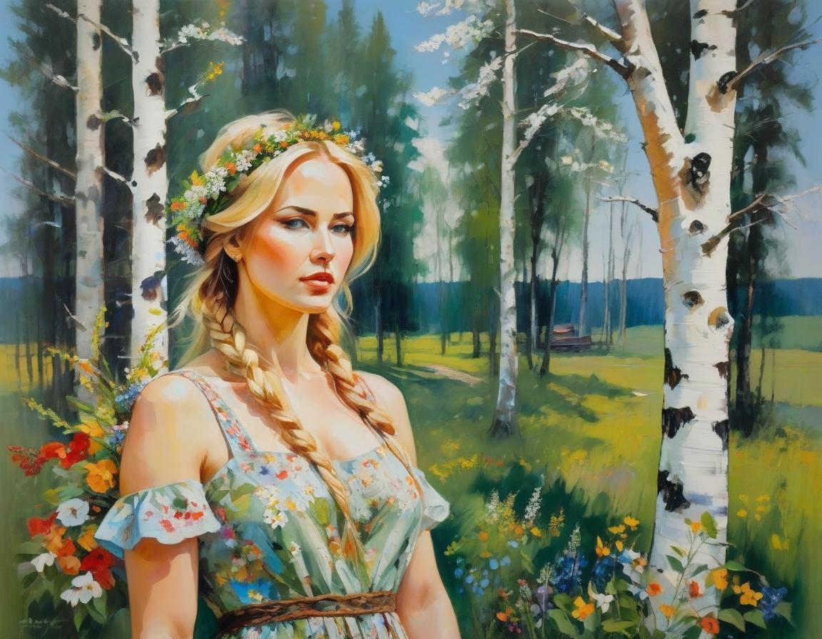  abstract expressionist painting A masterpiece.A beautiful girl with a blond braid in the image of spring stands by a birch tree.She has a wreath of wildflowers on her head.The girl is wearing a beautiful sundress in the Russian folk style. A train of wildflowers stretches from the hem of the sundress at the bottom. In the background there is a background in the form of a green blue gradient.The style is Russian patterns.The most beautiful picture in the world . energetic brushwork, bold colors, abstract forms, expressive, emotional hyperrealistic, full body, detailed clothing, highly detailed, cinematic lighting, stunningly beautiful, intricate, sharp focus, f/1. 8, 85mm, (centered image composition), (professionally color graded), ((bright soft diffused light)), volumetric fog, trending on instagram, trending on tumblr, HDR 4K, 8K