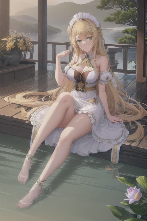  (score 9,score 8 up,score 7 up,),1girl,solo,maid,maid headdress,looking at viewer,outdoor,lake,apron,blonde hair,indoors,green eyes,bare foot,two feet in the water lotus flower sex stunny hyperrealistic, full body, detailed clothing, highly detailed, cinematic lighting, stunningly beautiful, intricate, sharp focus, f/1. 8, 85mm, (centered image composition), (professionally color graded), ((bright soft diffused light)), volumetric fog, trending on instagram, trending on tumblr, HDR 4K, 8K