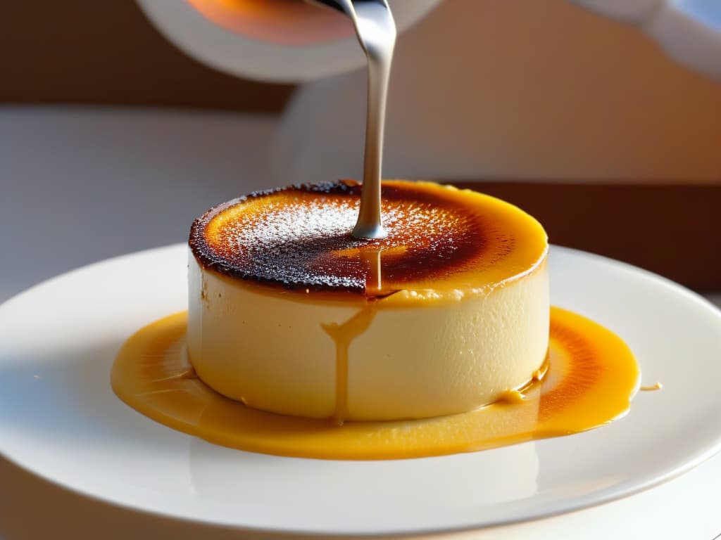  A closeup, ultradetailed image of a goldenbrown crème brûlée being torched with a culinary torch. The flames delicately dance over the surface of the dessert, showcasing the precise moment of caramelization in exquisite detail. The contrast between the caramelized sugar top and the creamy custard underneath is striking, highlighting the transformative power of temperature and time in creating complex flavors and colors in pastry. hyperrealistic, full body, detailed clothing, highly detailed, cinematic lighting, stunningly beautiful, intricate, sharp focus, f/1. 8, 85mm, (centered image composition), (professionally color graded), ((bright soft diffused light)), volumetric fog, trending on instagram, trending on tumblr, HDR 4K, 8K