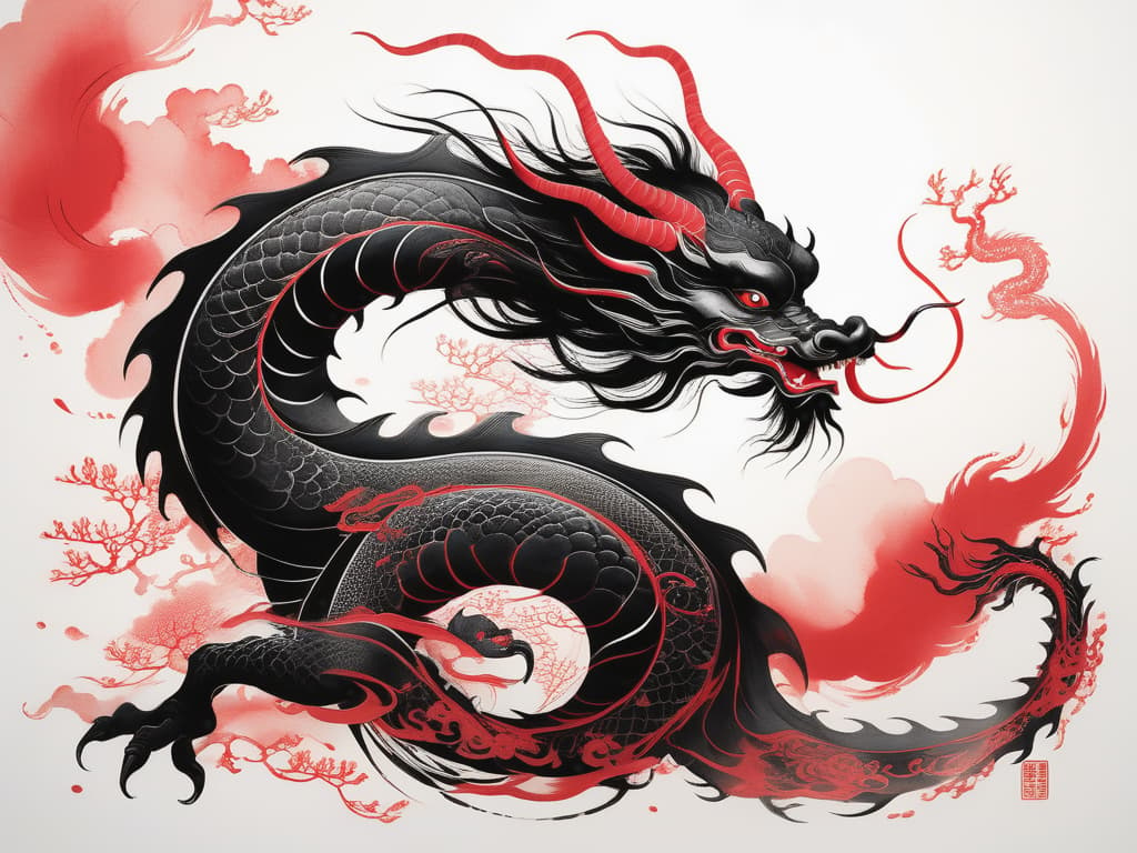  水墨画 (Shuǐmò huà), a captivating black and red ink art by Mschiffer, unfolds with a whimsical dragon in Chinese style. The brushstrokes, rough and expressive, breathe life into this mythical creature, creating a fusion of traditional elegance and contemporary allure in a mesmerizing sketch.
