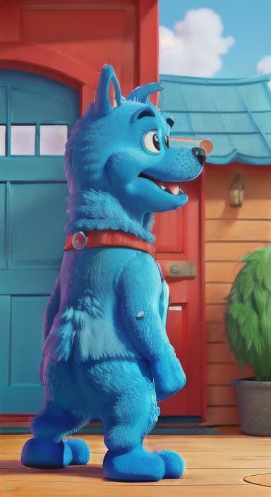  {Max the big blue dog standing in front of a cozy little house with a red door, The big blue dog is large with sky blue fur, big round eyes, a black nose, and floppy ears.