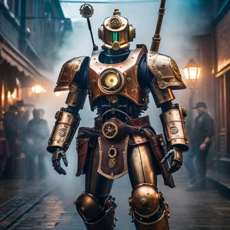  Steampunk warrior battling robotic creatures hyperrealistic, full body, detailed clothing, highly detailed, cinematic lighting, stunningly beautiful, intricate, sharp focus, f/1. 8, 85mm, (centered image composition), (professionally color graded), ((bright soft diffused light)), volumetric fog, trending on instagram, trending on tumblr, HDR 4K, 8K