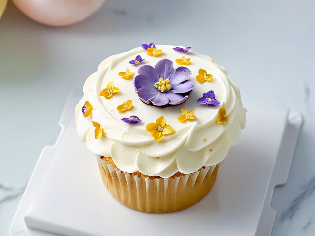  A closeup, ultradetailed image of a perfectly frosted cupcake, topped with delicate edible flowers and shimmering gold leaf, placed on a sleek, white marble surface. The frosting is flawlessly smooth, with intricate swirls and peaks, showcasing the artistry of pastry decoration. The vibrant colors of the flowers pop against the pastel hues of the cupcake, creating a visually stunning and appetizing composition. hyperrealistic, full body, detailed clothing, highly detailed, cinematic lighting, stunningly beautiful, intricate, sharp focus, f/1. 8, 85mm, (centered image composition), (professionally color graded), ((bright soft diffused light)), volumetric fog, trending on instagram, trending on tumblr, HDR 4K, 8K