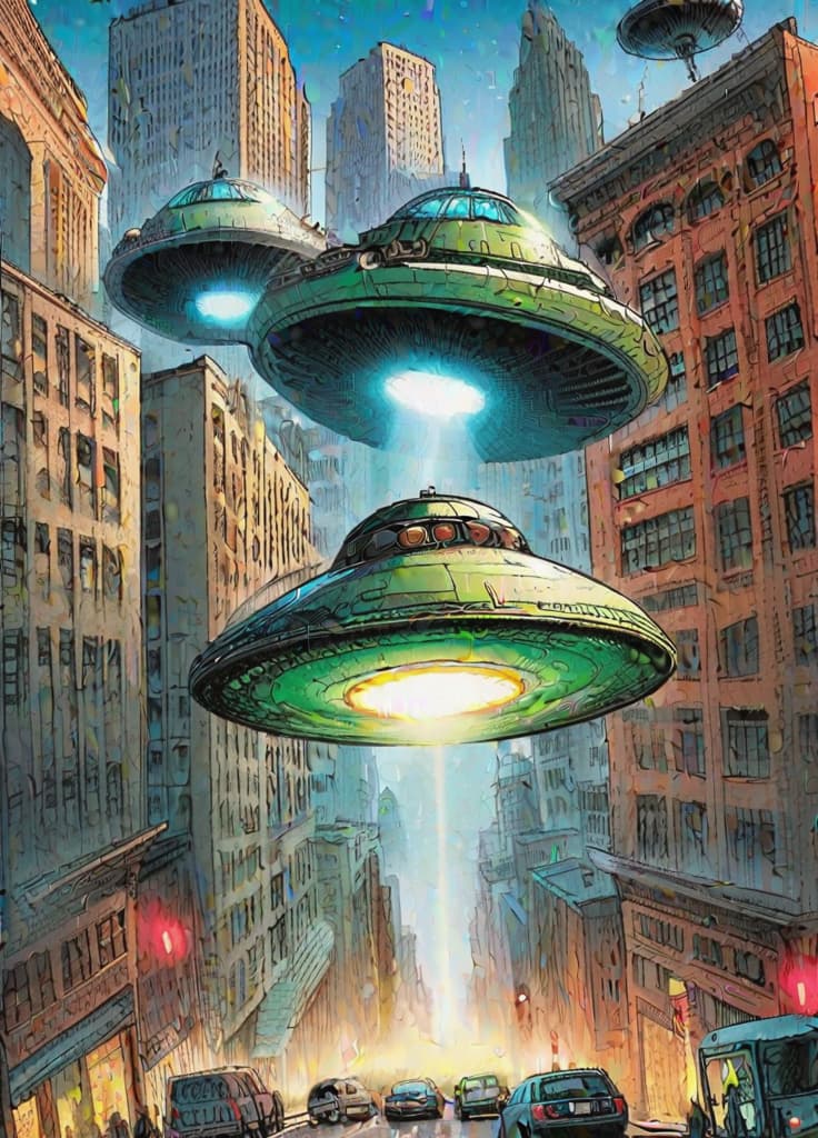  UFO hovering over a bustling American city street, with skyscrapers and urban life. Sci fi atmosphere with a touch of mystery. Rendered in a detailed Comic Book style, with bold inking and dynamic shading., high resolution, ((sharp focus)), best quality, ((masterpiece))