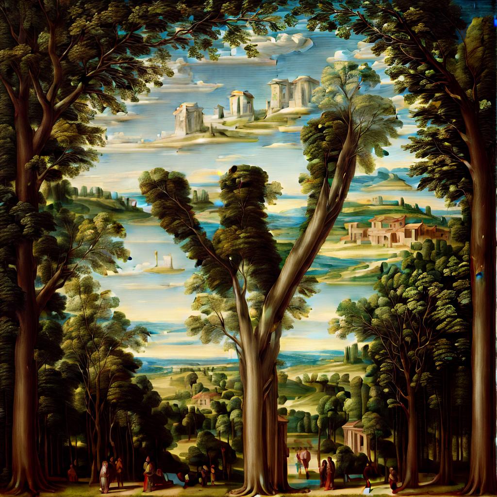  a Renaissance painting of a renaissance landscape, big tree in middle, best quality, masterpiece