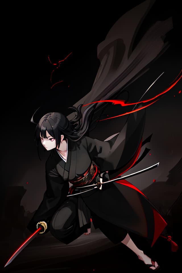  One , black kimono, black hair, black eyes, putting hair in the back, Japanese sword, long sword, hips, hold a sword, night, moon, serious expression, shadowy face, glowing eyes , Small s, slender, approaching, running, cutting, perspective, sprinting, stepping on, dust, winding wind, slashing