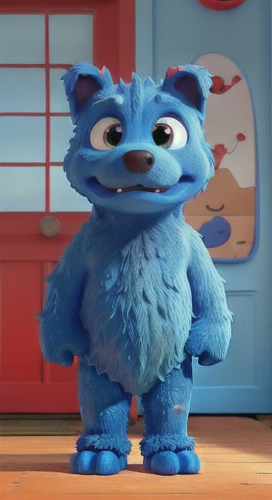  {Max the big blue dog standing in front of a cozy little house with a red door, The big blue dog is large with sky blue fur, big round eyes, a black nose, and floppy ears.