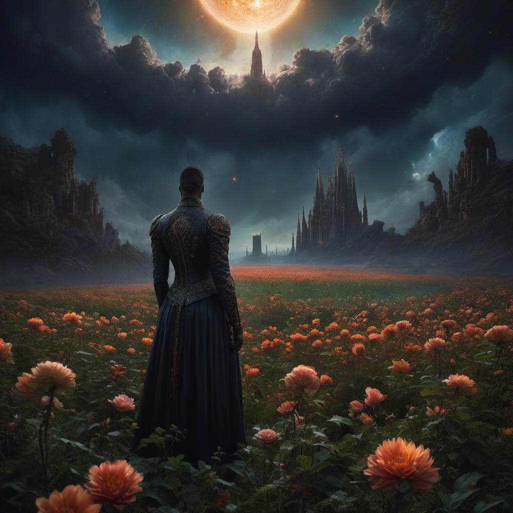  (stylized by Tomasz Alen Kopera:1.3) , dark art, dense flower field and Perseid meteor in background, landscape of a (Barcelona:1.2) , very Bizarre and 1600'S, Hurricane, Glitchcore, Amaro, layered textures, ornate, intricate artistic color, complimentary colors, very inspirational, atmosphere, fine artistic composition, sunny, theatrical hyperrealistic, full body, detailed clothing, highly detailed, cinematic lighting, stunningly beautiful, intricate, sharp focus, f/1. 8, 85mm, (centered image composition), (professionally color graded), ((bright soft diffused light)), volumetric fog, trending on instagram, trending on tumblr, HDR 4K, 8K