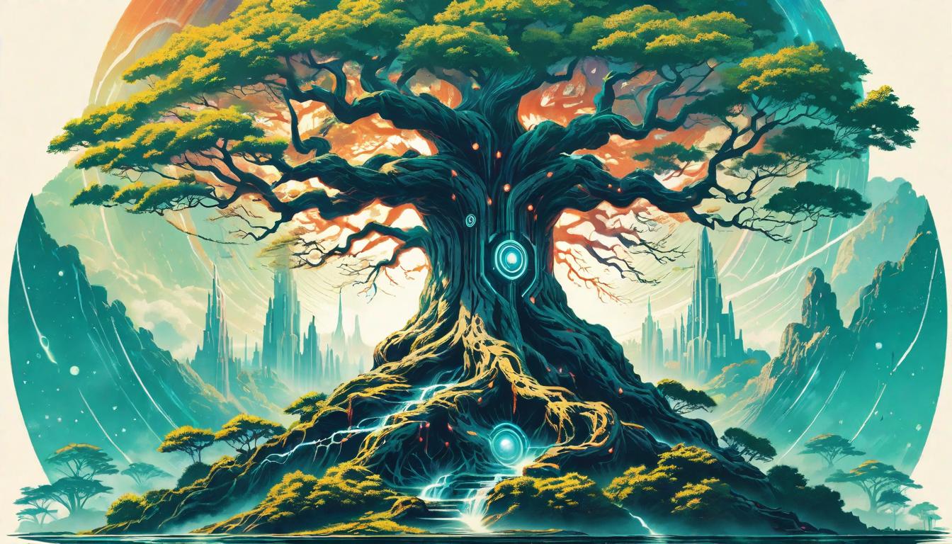  retro futuristic An ancient tree with roots deep and branches high, bearing marks of past injuries but standing more majestic and wise for them. Emblem of survival, Deep rooted wisdom, Resilient strength. lvintage sci fi, 50s and 60s style, atomic age, vibrant, highly detailed